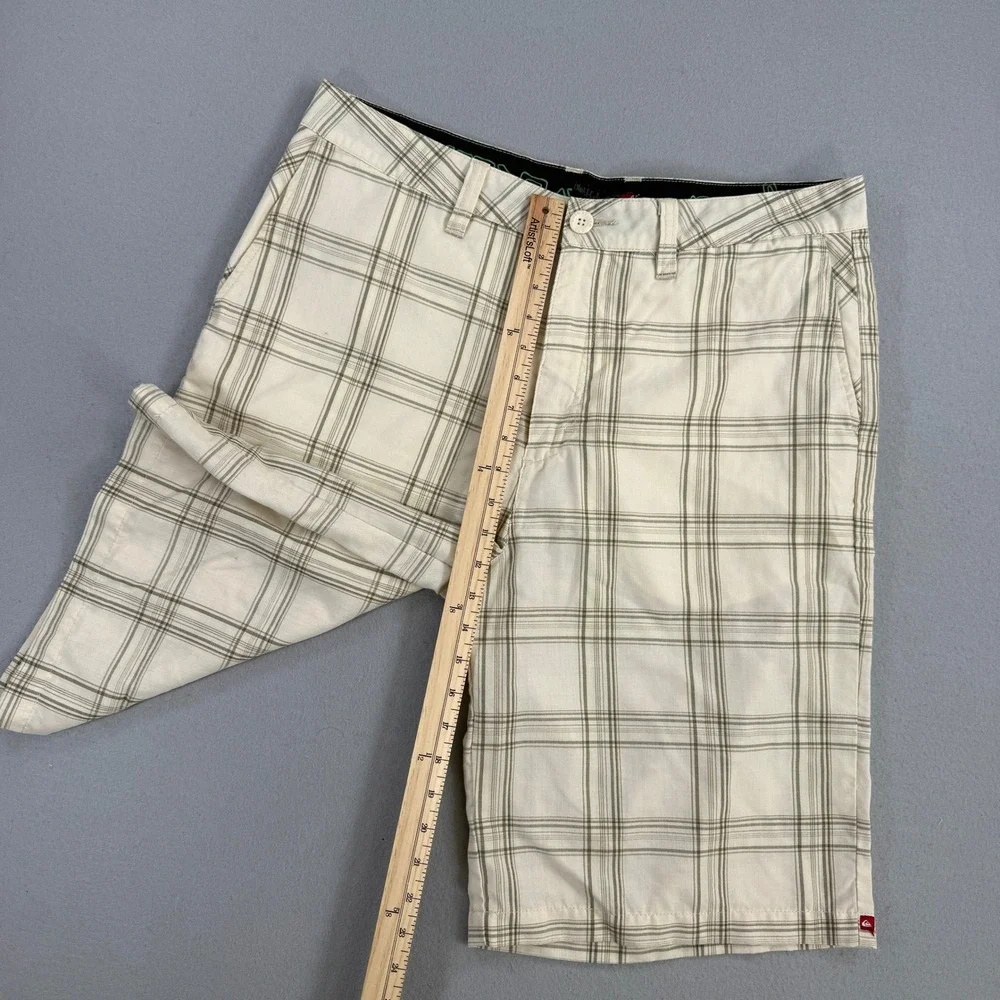 Quiksilver Board Shorts Men 36 Cream Plaid Swim Trunks Surf Beach Embroidery Y2K